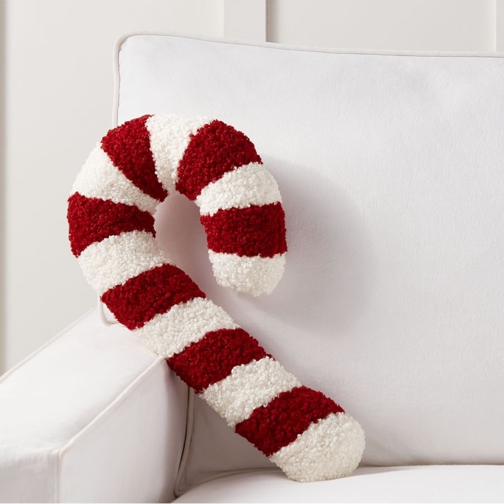 Pottery Barn Cuddly Cozy Teddy Bear Faux Fur Candy Cane Shaped Holiday Pillow